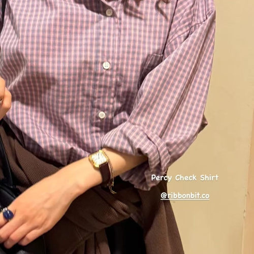 韩国东大门同款2025年秋新ribbonbit粉色韩系宽松气质格子衬衫女