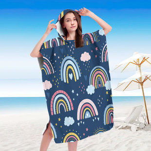 连帽穿戴浴巾沙滩巾斗篷海边度假换衣毛巾彩虹印花亲子连帽浴巾2