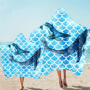 成人美人鱼连帽穿戴浴巾沙滩巾斗篷换衣毛巾海豚鲨鱼款连帽披衣33