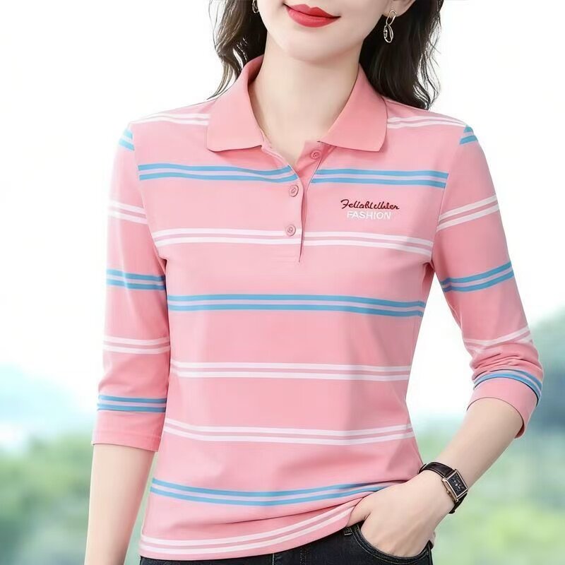 粉色条纹长袖polo衫女秋冬翻领打底衫T恤洋气减龄显瘦修身上衣