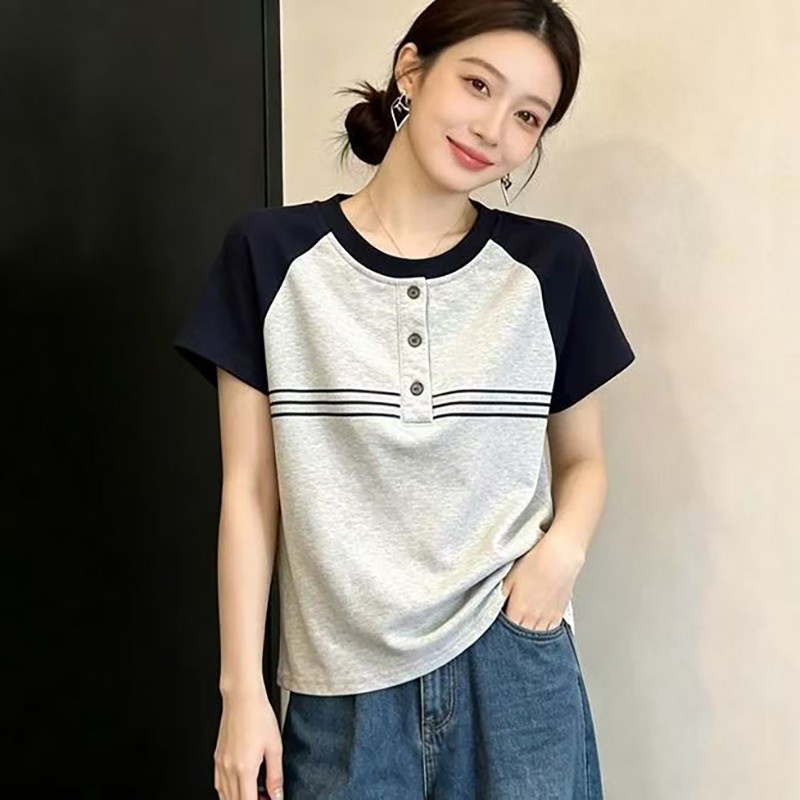 【芭拉婷】新款短袖上衣女士小衫时尚宽松大码T恤撞色中年妈妈潮