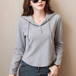 短款 洋气打底修身 纯棉上衣连帽t帽衫 显瘦薄卫衣恤新款 芭拉婷