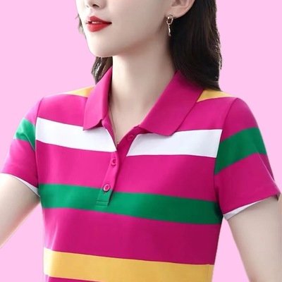 条纹短袖衬衫夏季女装2025新款翻领中年妈妈t恤翻领气质上衣
