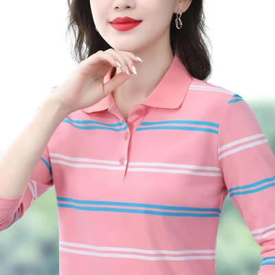 高档休闲显瘦POLO衫宽松遮肚中年妈妈装长袖女士2025春秋翻领上衣