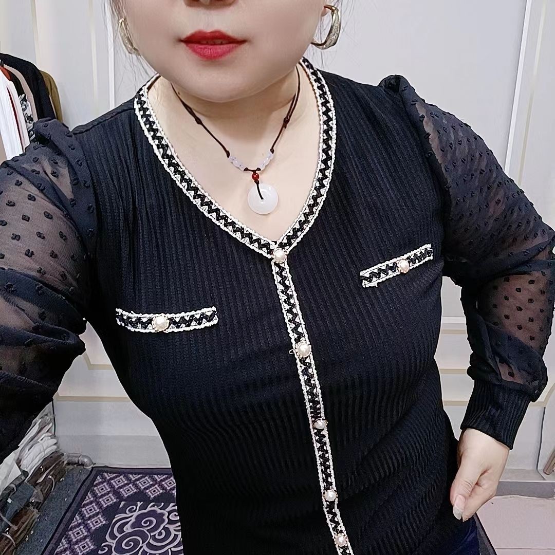 25蕾丝袖洋气女士高档小衫螺纹弹力气质百搭舒适打底衫宽松遮肚子