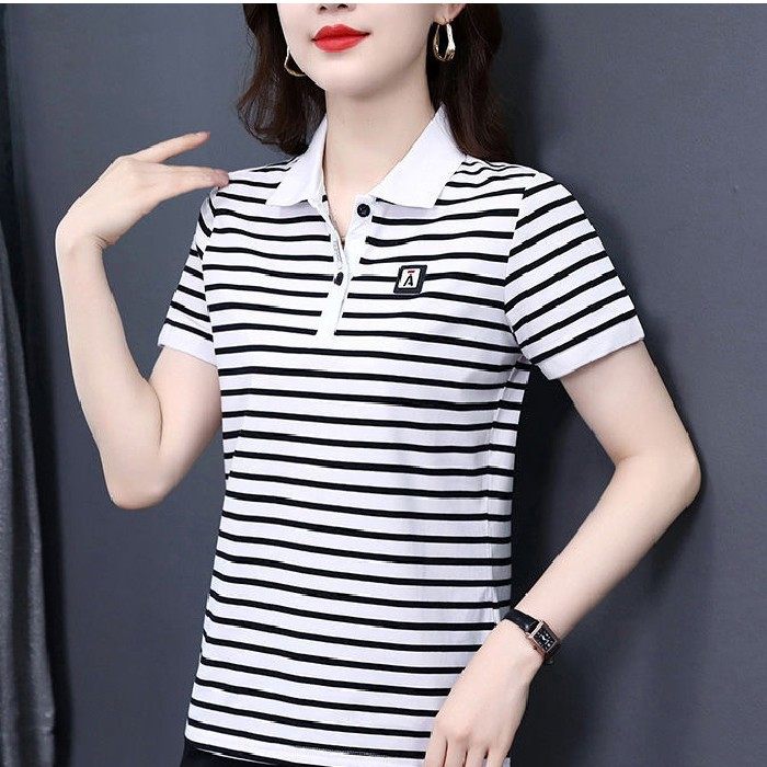 【芭拉婷】短袖t恤女士妈妈装2025夏装洋气体恤带领polo衫条纹时