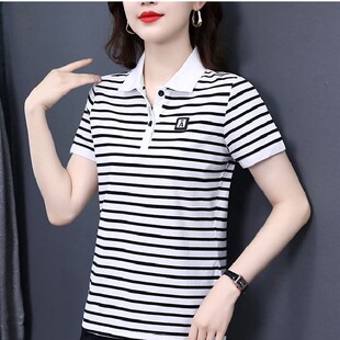 【芭拉婷】短袖t恤女士妈妈装2025夏装洋气体恤带领polo衫条纹时