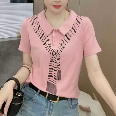 洋气polo领短袖t恤女夏季新款时尚围巾印花气质百搭显瘦翻领上衣