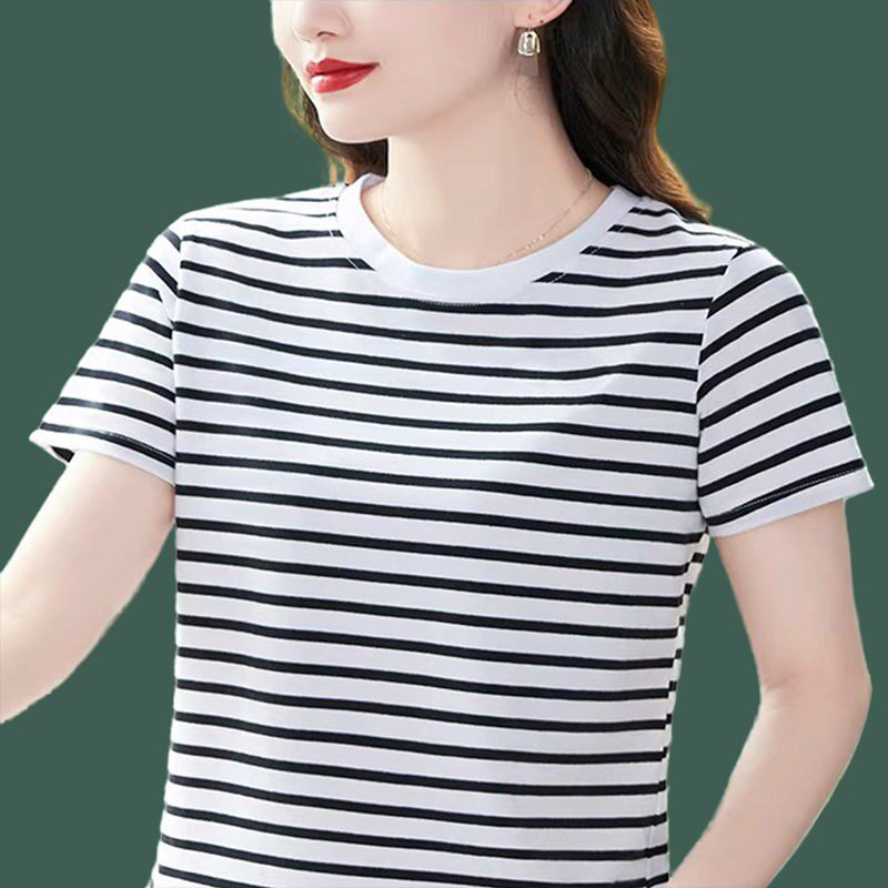 高档妈妈装条纹短袖T恤夏季新款休闲上衣中年女洋气减龄打底衫