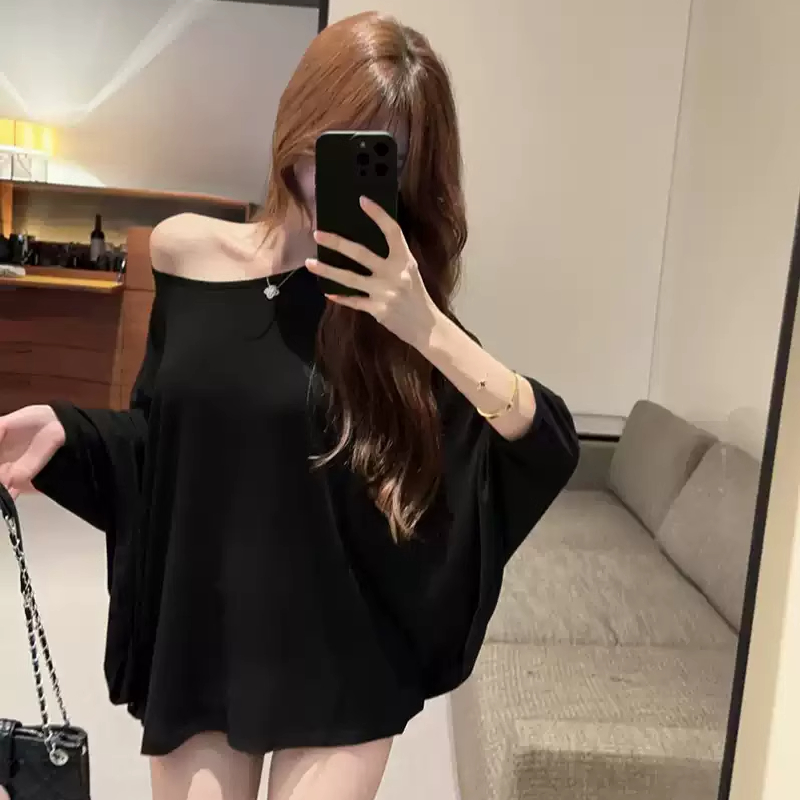 露肩防晒短袖T恤女装夏季休闲宽松薄款五分袖蝙蝠袖宽松罩衫上衣