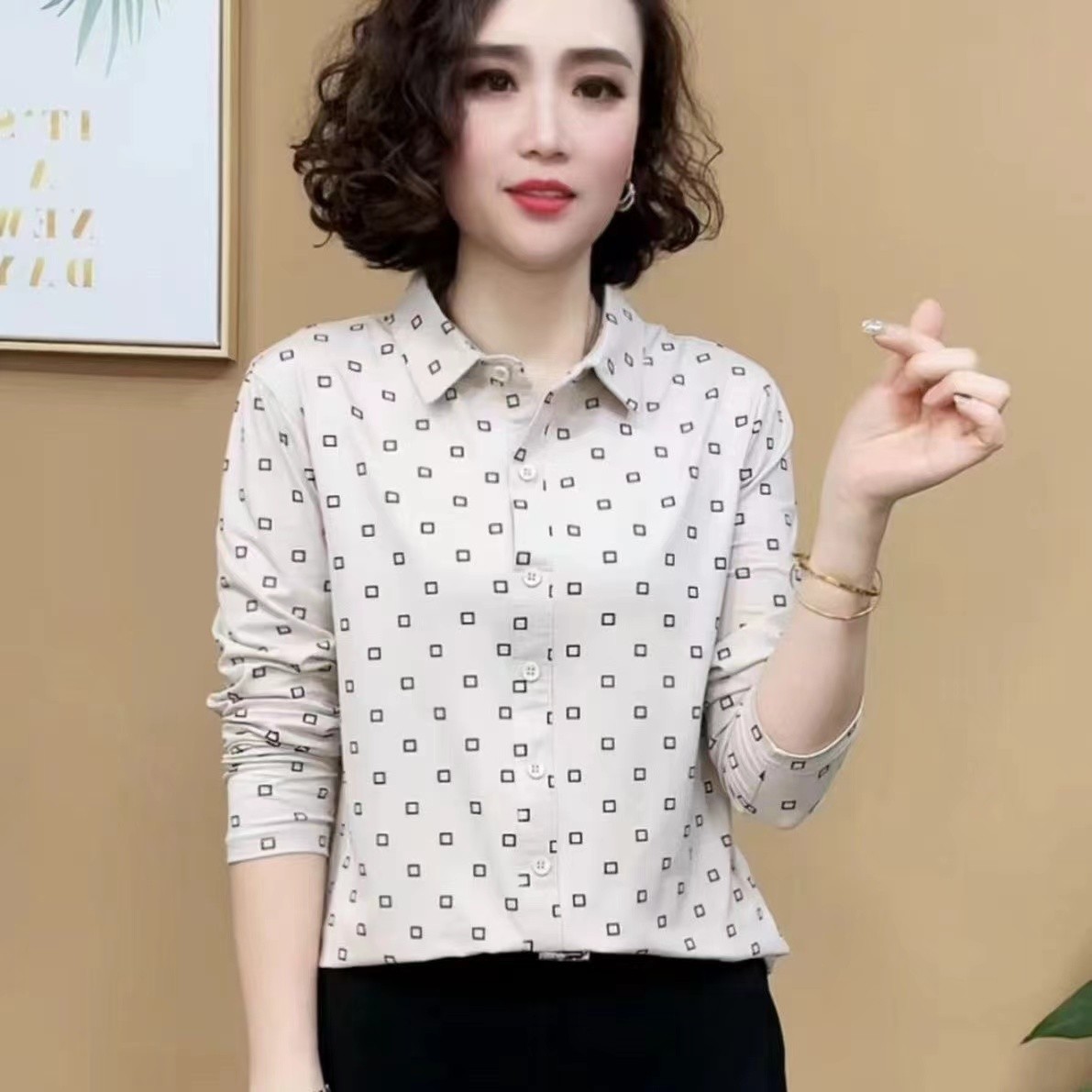 【芭拉婷】外穿长袖上衣翻领带领衬衫春季高档圆点小衫时尚新款显