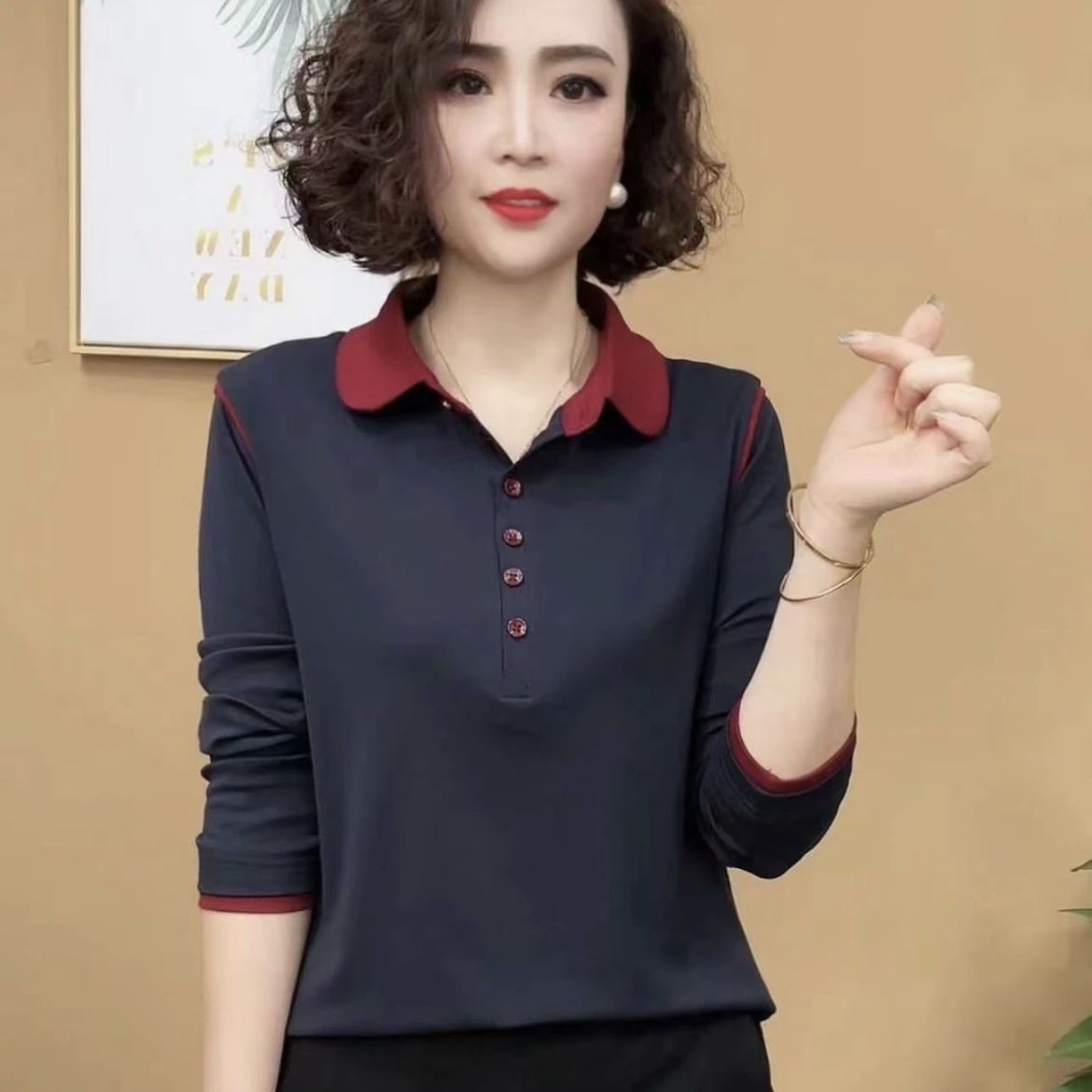 有领polo长袖春秋季减龄妈妈2025装百搭洋气翻领上衣新款衫T恤女