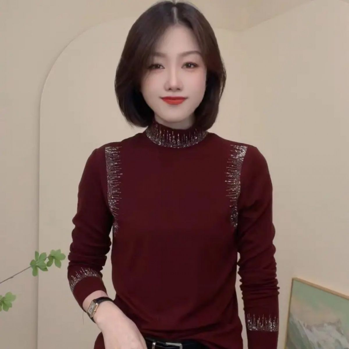 秋季新款半高领气质烫钻长袖T恤纯色百搭设计感洋气打底衫女小衫