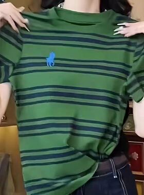 M-4XL大码女装撞色条纹设计感T恤短袖百搭小众高级感刺绣休闲上衣