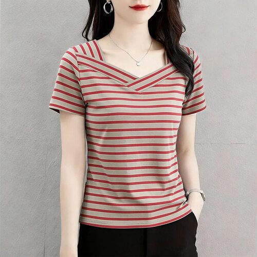 【95棉5氨纶】女士百搭时尚V领条纹短袖夏季简约休闲遮肉显瘦T恤