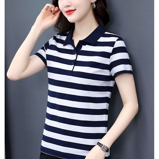 【芭拉婷】2025新款翻领条纹短袖T恤夏季韩版时尚减龄气质上衣pol