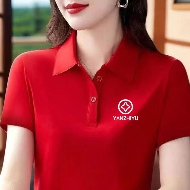 100%T恤女短袖中年妈妈装翻领POLO衫修身显瘦大码印花上衣女