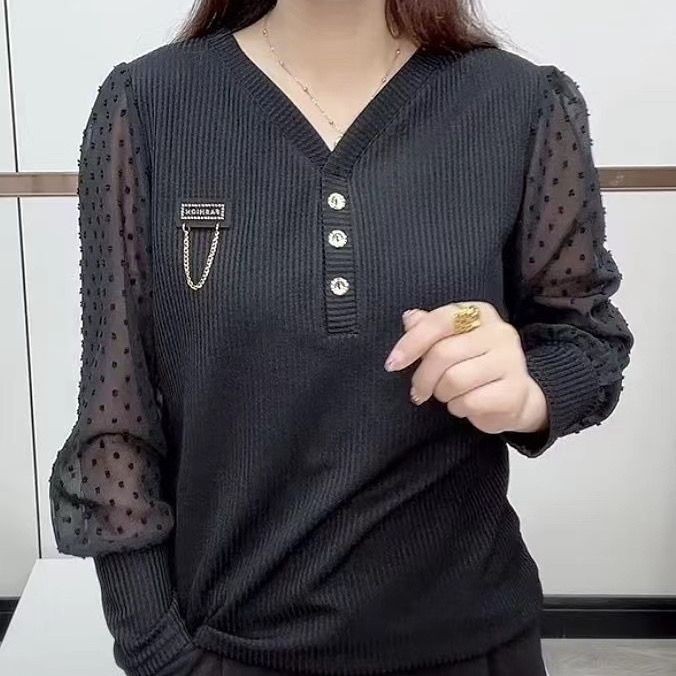 春秋新款V领小香风长袖套头衫长袖上衣女打底短款针织雪纺袖宽松