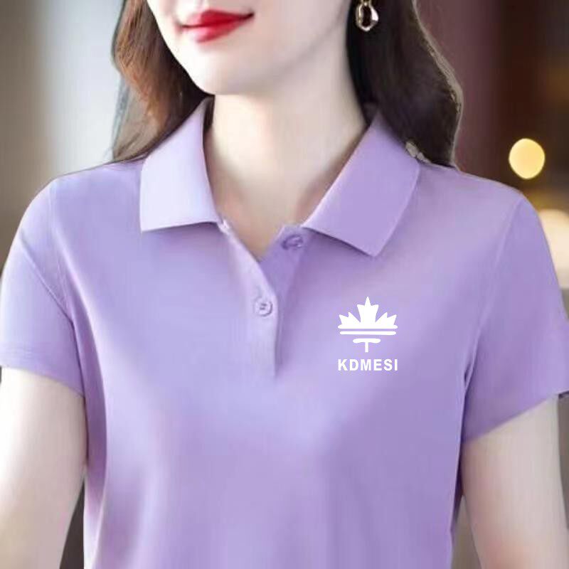 100%T恤女短袖中年妈妈装翻领POLO衫修身显瘦大码印花上衣女