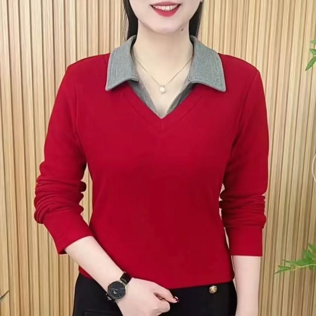 【芭拉婷】POLO领春季薄款百搭气质打底衫大码洋气条纹显瘦长袖女