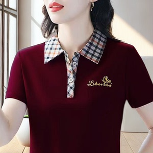韩版显瘦女夏季格子领polo衫妈妈翻领短袖品质时尚休闲大码运动女