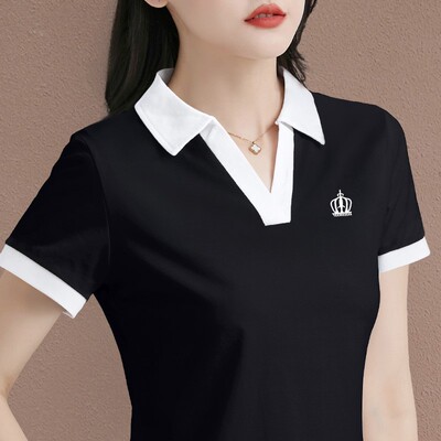 【棉95氨纶5】夏季新款纯棉POLO领短袖T恤简约百搭刺绣显瘦拼接上