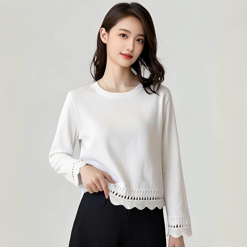 高级感蕾丝拼接长袖t恤女大码2026新款打底衫洋气独特别致上衣