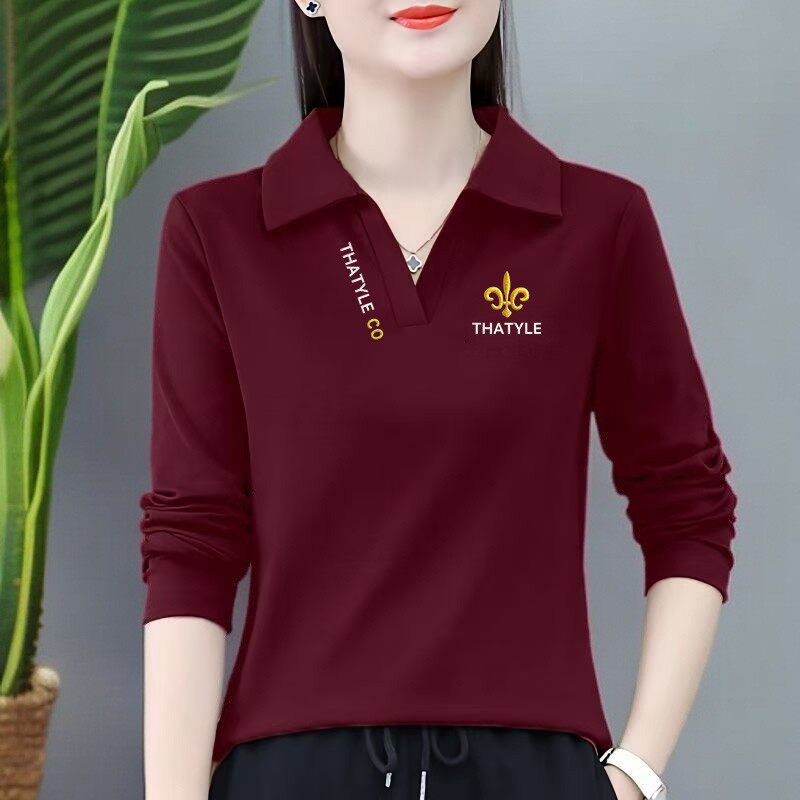 长袖T恤秋冬女装洋气百搭中年妈妈装翻领polo衫大码宽松上衣