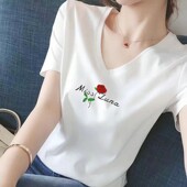 大码 体恤级感衣服遮 宽松V领正肩短袖 t恤女夏季 芭拉婷 2025新款