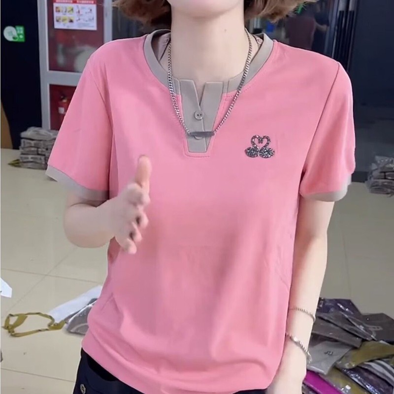 夏季女士新款韩版短袖t恤女宽松减龄拼色体恤小衫时尚烫钻上衣潮