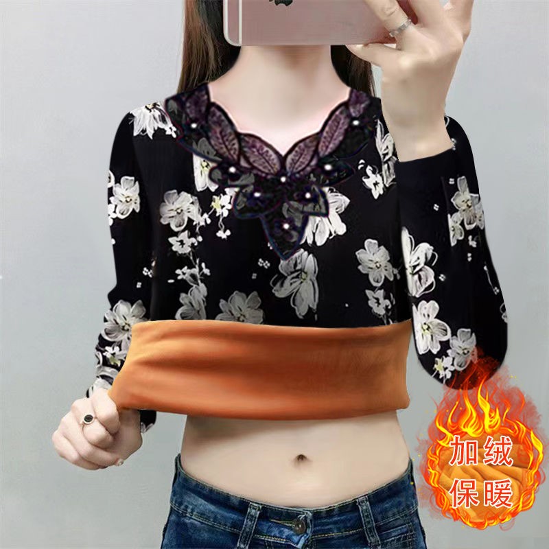 【复合真超】中老年蕾丝打底衫女装新款时尚印花长袖修身显瘦上衣
