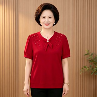 【芭拉婷】【92棉8氨纶】2026新款夏季时尚亮钻气质短袖T恤衫女装
