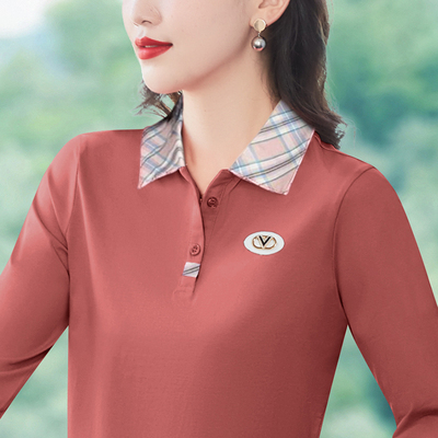 纯棉2025春秋长袖t恤女宽松气质翻领打底衫POLO领洋气减龄上衣潮