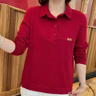 妈妈polo纽扣长袖 女士上衣2025新款 衫 翻领打底装 中年纯色 春秋装