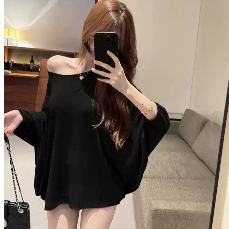 【芭拉婷】新款露肩短袖防晒T恤女装春季设计感休闲薄款蝙蝠袖宽