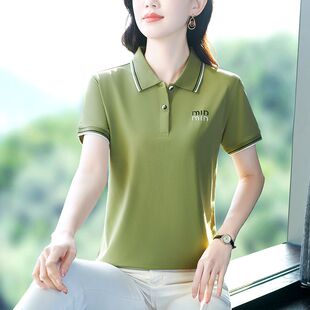 2025夏季新款中年妈妈装女士t恤短袖大码透气POLO衫翻领正肩上衣