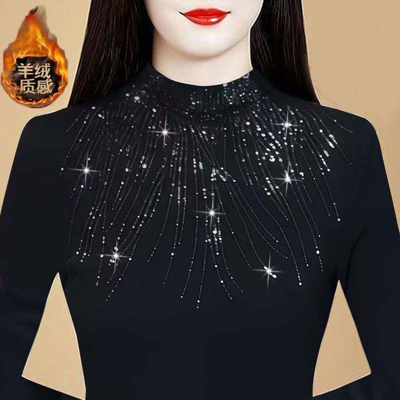 半高领烫钻打底衫秋冬妈妈装长袖T恤衫显瘦百搭大码妈妈德绒上衣