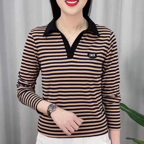 【芭拉婷】2026长袖翻领印花时尚T恤POLO领宽松显瘦减龄洋气女上