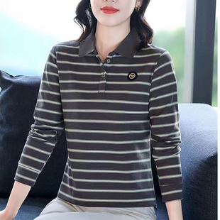 恤女 春秋上衣翻领POLO长袖 2025休闲条纹新款 气质t潮女士中年衫