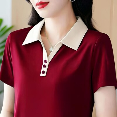 高档妈妈装短袖T恤夏季新款休闲上衣中年纯色减龄显瘦翻领POLO衫