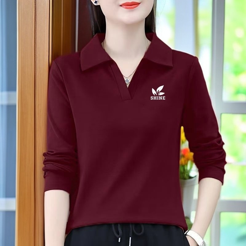 【芭拉婷】长袖T恤秋冬女装洋气百搭中年妈妈装翻领polo衫大码宽