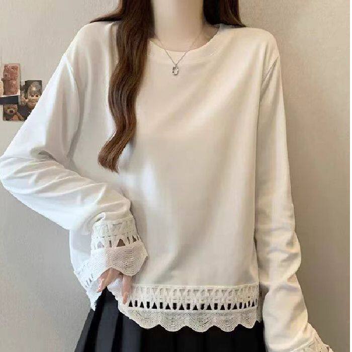 92棉镂空花边长袖T恤女早春秋冬大码胖mm巨显瘦宽松打底衫上衣