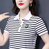 新款 t恤女夏季 100%品质妈妈翻领短袖 polo中年人运动休 芭拉婷