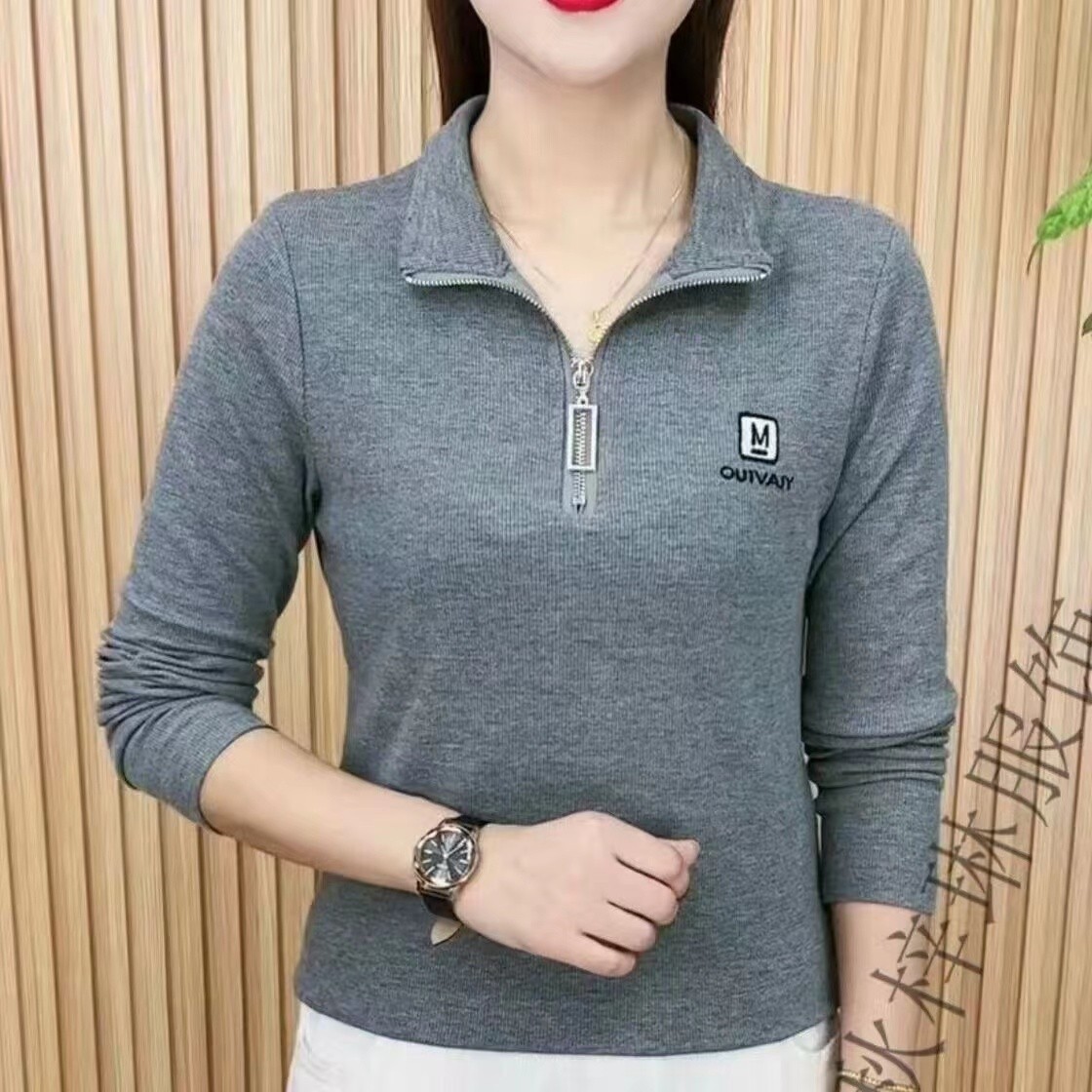 【芭拉婷】高档女装春秋新款休闲女士长袖套头拉链立领遮肉时尚减