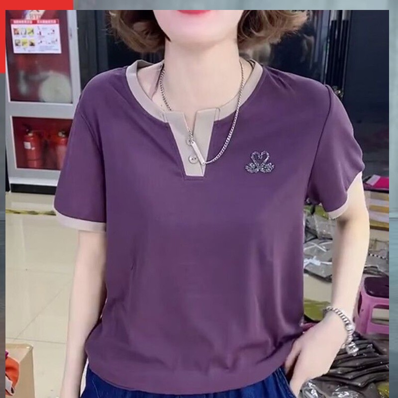 【芭拉婷】欧货夏季女士新款韩版短袖t恤女宽松减龄拼色体恤衫时