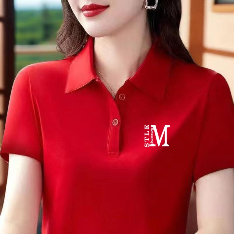 【芭拉婷】100%T恤女短袖中年妈妈装翻领POLO衫修身显瘦大码印花