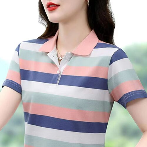 【棉95氨纶5】条纹翻领中年妈妈上衣夏装新款显瘦洋气POLO衫短袖