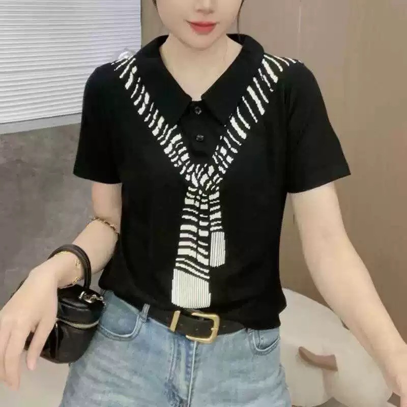【芭拉婷】洋气polo领短袖t恤女夏季新款时尚围巾印花气质百搭显
