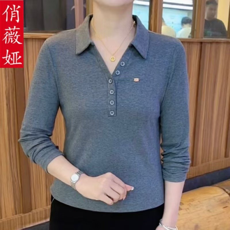 【芭拉婷】POLO领春季薄款百搭气质打底衫大码洋气条纹显瘦长袖女