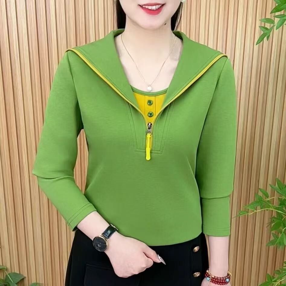 上衣女士翻领恤春秋季宽松妈妈衫大码显瘦t女装小衫polo长袖拉链